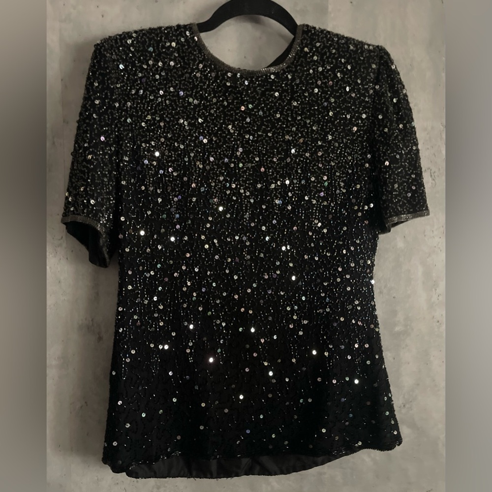 VTG Stenay 100% Silk Black w/Silver Sequins/Beads Evening Blouse/Top  Sz Med